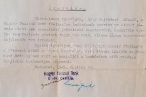 1945 a Magyar Nemzeti Bank elnöki osztályának igazolása Majthényi László főellenőr személyét illetőe...