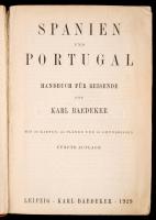 Karl Baedeker: Spanien und Portugal. Handbuch für Reisiende. Leipzig, 1929, Verlag von Karl Baedeker, XC+539 p. 5. kiadás. Kiadói aranyozott egészvászon kötés, festett lapélekkel. Térképekkel illusztrálva. Német nyelven. A borítója kopott. A gerince sérült, kopott. Egy térkép kijön a könyvből. / Cloth binding, in german language. The cover is damaged. The spine is damaged, and worn. One map is coming out from the book.