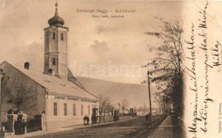 Nagyszőllős, Vinohragyiv; Werbőczy utca, Ugocsai Központi könyvnyomda, katolikus templom, kiadja Deutsch J. / street with printing house and church (EB)