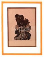 Rózsa Éva (?-): madárfiókák. Linómetszet, papír, jelzett, üvegezett keretben, 31×23 cm