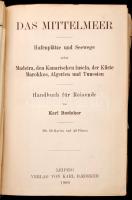 Karl Baedeker: Das Mittelmeer. Hafenplatze und Seewege nebst Madeira, den Kanarischen Inseln, der Künste Marokkos, Algerien, und Tunesien. Handbuch für Reisiende. Leipzig, 1909, Verlag von Karl Baedeker, XXXII+635 p. Kiadói aranyozott egészvászon kötés, festett lapélekkel. Térképekkel illusztrálva. Német nyelven. A borítója némileg kopott. Pár térkép széle gyűrött. / Cloth binding, in german language. The cover is little bit worn. Some maps are little bit crinkled.