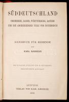 Karl Baedeker: Süd-Deutschland. Oberrhein, Baden, Württemberg, Bayern und die Angrenzenden Teile von Österreich. Handbuch für Reisiende. Leipzig, 1909, Verlag von Karl Baedeker, XXVI+470 p. 30. kiadás. Kiadói aranyozott egészvászon kötés, festett lapélekkel. Térképekkel illusztrálva. Német nyelven./ Cloth binding, in german language.