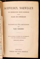 Karl Baedeker: Schweden und Norwegen. Die Reiserouten durch Danemark. Handbuch für Reisiende. Leipzig,1914, Verlag von Karl Baedeker, LXVIII+524+40 p. 13. kiadás. Kiadói aranyozott egészvászon kötés, festett lapélekkel. Térképekkel illusztrálva. Német nyelven. A borítója kopottas. / Cloth binding, in german language. The cover is worn.