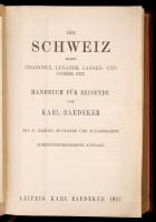 Karl Baedeker: Die Schweiz nebst Chamonix, Luganer, Langen- und Comer See. Handbuch für Reisiende. Leipzig,1927, Verlag von Karl Baedeker, LVI+600 p. 37. kiadás. Kiadói aranyozott egészvászon kötés, festett lapélekkel. Térképekkel illusztrálva. Német nyelven./ Cloth binding, in german language.