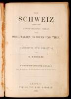 Karl Baedeker: Die Schweiz nebst den Angrenzenden Teilen von Oberitalien, Savoyen und Tirol. Handbuch für Reisiende. Leipzig,1901, Verlag von Karl Baedeker, XXXII+544 p. 28. kiadás. Kiadói aranyozott egészvászon kötés, festett lapélekkel. Térképekkel illusztrálva. Német nyelven. A borító sérült. Egy térkép kijár a könyvből. / Cloth binding, in german language. The cover is damaged. One map is coming out from the book.