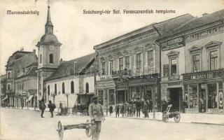 Marosvásárhely, Targu Mures; Széchenyi tér, Szt. Ferenc rendiek temploma, Holbach Ede kereskedése, Szekeres Ferenc cipész üzlete. Porjes S. Sándor kiadása / square, shops