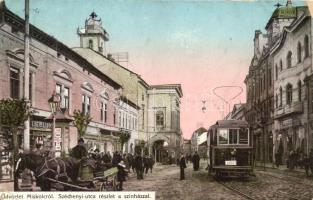 Miskolc, Széchenyi utca, Nemzeti színház, villamos, Liebling üzlete; Grünwald Ignác kiadása (Rb)