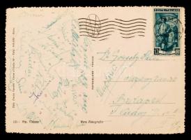 1953 Az Aranycsapat tagjai  (köztük Gellér, Grosics, Börszsei, Puskás, Kovács, Budai, stb. összesen 18) által aláírt képeslap Rómából (Olasz-magyar 0:3) Czibor Zoltán anyósának, 10x15cm