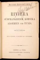 Riviera. Südfrankreich, Korsika, Algerien und Tunis. Meyers Reisebücher. Leipzig-Wien, 1913, Bibliographisches Institut,XII+455+44 p. 9. kiadás. Kiadói aranyozott egészvászon kötés, márványozott lapélekkel. Német nyelven. / Cloth binding, in german language.