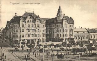 Nagyvárad, Oradea; Fekete Sas szálloda, villamos, Gyógyszertár az Arany Sashoz, Glucksmann üzlete / hotel, tram, pharmacy, shop