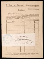cca 1930 Magyar Nemzeti szocialista Párt belépési nyilatkozat, hátoldalt vezetői aláírással