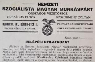 cca 1940 Nemzeti Szocialista Magyar Munkáspárt Párt belépési nyilatkozat,horogkereszttel