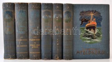 Dr. Gáspár Ferencz: A Föld körül. Összesen  I.-VI. kötet, a VII. kötet nélkül. Vámbéry Ármin előszavával. Budapest, 1906-1908, Singer és Wolfner, 588+548+479+479+588+499 p.  Nagyon sok képpel, illetve mellélettel illusztrált. Kötetei egységes, festett, illusztrált, dombornyomásos, aranyozott, kiadói egészvászon kötésben. A borítók és a gerincek foltosak, kopottak, sérültek. Pár lap foltos. Egy térkép kijár. De belül alapvetően jó állapotban van.