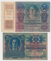 1913. 20K + 1914. 50K mindkettő piros "MAGYARORSZÁG" körbélyegzéssel T:II,III szép papír