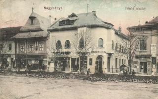 Nagybánya, Baia Mare; főtér, gyógyszertár; Frankovits Aladár üzlete és saját kiadása / main square, shops