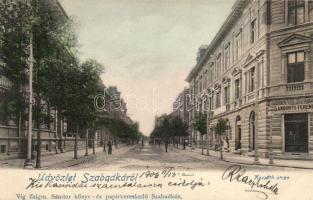 Szabadka, Subotica; Kossuth utca, Landovits Ferenc üzlete, kiadja Víg Zsigmond könyv- és papírkereskedése / street, shop