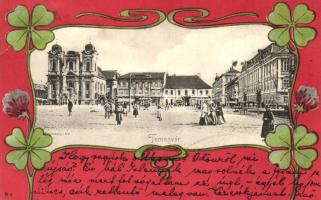 Temesvár, Timisoara; Losonczy tér, lóherés kerte; kiadja Uhrmann Henrik / Square, litho clover frame (b)