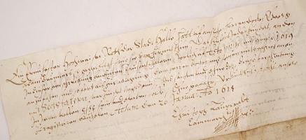 1610 Halle an der Saale város német nyelvű oklevele a magdeburgi érsekség tiszttartójával kötött pén...