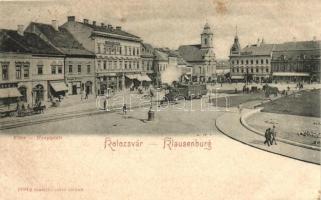 Kolozsvár, Klausenburg; Főtér, városi vasút, kiadja Römmler U. Jónás / main square, steam engine