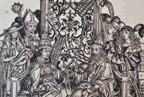 1493 A Hartmann Schedel krónika egy lapja, rajta II. Piusz pápa és III. Frigyes német római császár ...