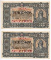 1923. 1000K nyomdahely jelölés nélkül és 8 FILLÉR - NYOLC FILLÉR felülnyomással (2x) sorszámkövetők T:I,I- /  Hungary 1923. 1000 Korona (2x) with 8 FILLÉR - NYOLC FILLÉR overprint and with sequential serial numbers C:UNC,AU Adamo K37/1