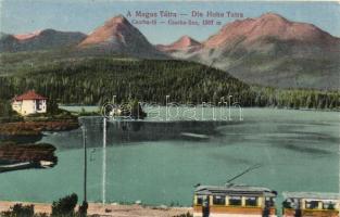 Tátra, Magas Tátra, Vysoké Tatry; Csorba tó, villamos / lake, tram