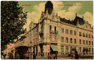 Szeged, Csongrádi takarékpénztár palota, SZ.K.V. villamos megállóhely, gyógyszertár, Schwarcz üzlete