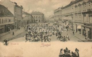 Szeged, Klauzál tér, piac, Schwab Mór, Árvay Sándor üzletei, kiadja Römmler & Jonas (EB)