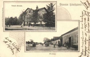 Köbölkút, Gbelce; vasútállomás, Fő utca, Wiesenberg Dávid üzlete és kiadása / railway station, main street, shop