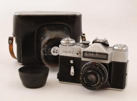 KMZ	Zenit-E 24x36 mm kamera Industar-50-2 1:3,5/50 mm objektívvel, bőrtokkal hozzá fényvédő / Vintag...