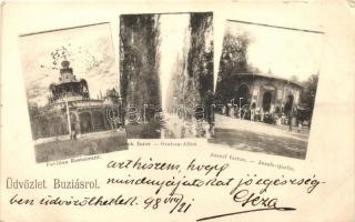 1898 Buziás, Étterem pavilon, Árok fasor, József forrás / restaurant pavilion, promenade, fountain (vágott / cut)
