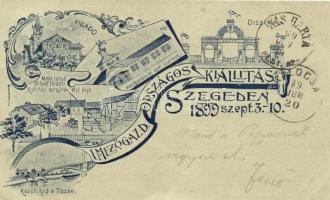 1899 Szeged, I. Mezőgazdasági Országos Kiállítás; Vigadó, Díszkapu, Közúti híd, Minta tanya, Mezőgazdasági ipari csarnok, floral, Art Nouveu, kiadja Engel Lajos (vágott / cut)