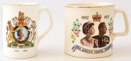 Jelzett Erzsébet királynő jubileumi (1977,2002) csésze (2db) és tányér, matricás, m:9 cm, d: 25,5 cm
