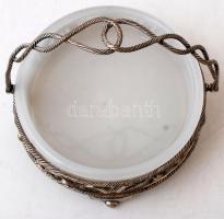 Jelzett angol ezüstözött füles kínáló, tejüveg betéttel, hibátlan, m:11 cm, d:13 cm