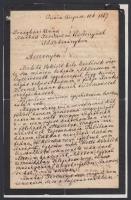 1867 Kossuth Lajos (1802-1894) saját kézzel írt levele Turinból egy honvéd feleségének, aki eltűnt férjéről tudakozódott Kossuthnál. Válaszában jelzi,hogy tájékoztatást nem tud adni, mert azonos nevű illetőre nem talált a nála lévő lajstromokban, de a hasonló nevű emberek sorsáról tájékoztatja a címzettet, valamint jelzi, hogy a seregek egy része, mely török földre ment, baj nélkül visszatérhetett Magyarországra. Valamint tanácsot ad az özvegység elismertetése tárgyában. Érdekes dokumentum, mely a szétszéledő magyar seregek sorsába ad bepillantást.  Kettő és fél beírt oldal, plusz boríték. A lapok szakadozott állapotban egyik papírlapra ragasztva, a boríték ragasztott. VÉDETT!