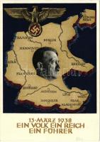 1938 Ein Volk, ein Reich, ein Führer / Adolf Hitler, NS propaganda, map of Germany one day after the annexation of Austria, 6 Kpf Ga.