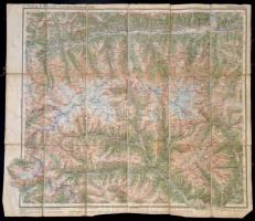 cca 1900 Hohe Tauern, G. Freytag&Brendts Touristen-Wanderkarte Blatt 12., G. Freytag & Brendts, Wien, vászonra kasírozva, 1.100.000, néhol szakadozott, gyűrött, foltos, 61x81 cm. Hohe Tauern térkép, német nyelvű. / Hohe Tauern map, in german language.