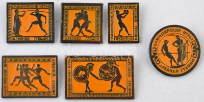 6db klf ókori olimpiai sportágakat ábrázoló, zománcozott, orosz nyelvű jelvény T:2 6pcs of diff enamelled badges about Ancient Olympic Sports in Russian language C:XF