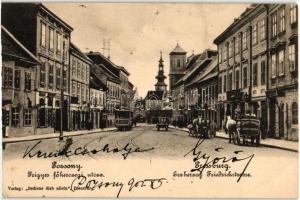 Pozsony, Pressburg, Bratislava; Frigyes főherceg utca, villamos, Tafelmayer és Weischek szikvízgyár reklámja; Bediene dich allein  / street, tram, advertisement