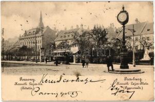 Pozsony, Pressburg, Bratislava; Kossuth Lajos tér, Sétatér, villamos, óra, Bediene dich allein / square, promenade, tram, clock (EK)