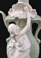 Szecessziós festett bisquit porcelán váza, plasztikus nő alakkal, formaszámmal, márka jelzés nélkül,...
