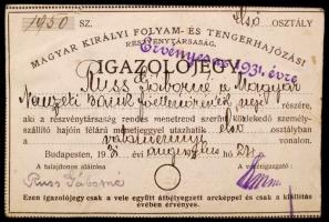 1931 Magyar Királyi Folyam és Tengerhajózási Rt. fényképes hajójegy az első osztályra