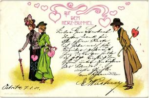 &#039;Auf dem Herz Bummel&#039; Romantic art motive postcard, Serie &#039;Das süsse Joch der Liebe&#039; No. 7., litho s: Hans Starcke