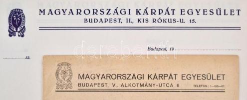 Magyarországi Kárpát Egyesület nyomtatványai: papírok (9 db.) és borítékok. (7 db.)