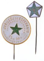 1962. "Jubileoj de Esperanto - Internacia Hungara" festett, eszperantó évfordulós kitűző (27mm) + DN "E" zománcozott fém kitűző (15mm) T:2