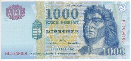 2000. 1000Ft Millenium DC 0000100 alacsony sorszám T:I apró hajlás /  Hungary 2000. 1000 Forint Millenium DC 0000100 low serial number C:UNC,AU small bend Adamo F55B2