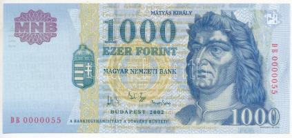2002. 1000Ft DB 0000055 alacsony sorszám T:I / Hungary 2000. 1000 Forint DB 0000055 low serial number C:UNC Adamo F55C1