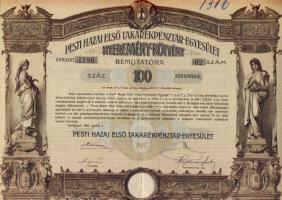1906. Pesti Hazai Első Takarékpénztár-Egyesület nyereménykötvény 100K-ról