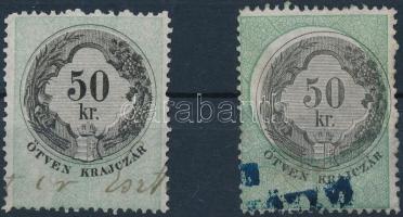 1868/1876 50kr okmánybélyeg elcsúszott középrésszel + támpéldány / fiscal stamp with shifted middle part