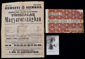 cca 1871-1900 Vegyes Blaha Lujza tétel: 1db fotólap a művésznőről, 14x9cm; Kéry Gyula: Blaha Lujza élete, Bp, Rózsavölgyi és Tsa, 17x27cm; Nemzeti Színház plakátja Blaháné Luiza, szerződött tag első fölléptéül, 40x31cm